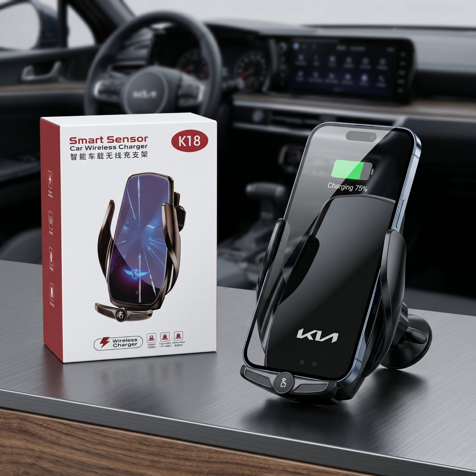 K18 Smart Sensor Wireless Car Charger – Auto-Clamping Fast Charging Phone Holder for Air Vent