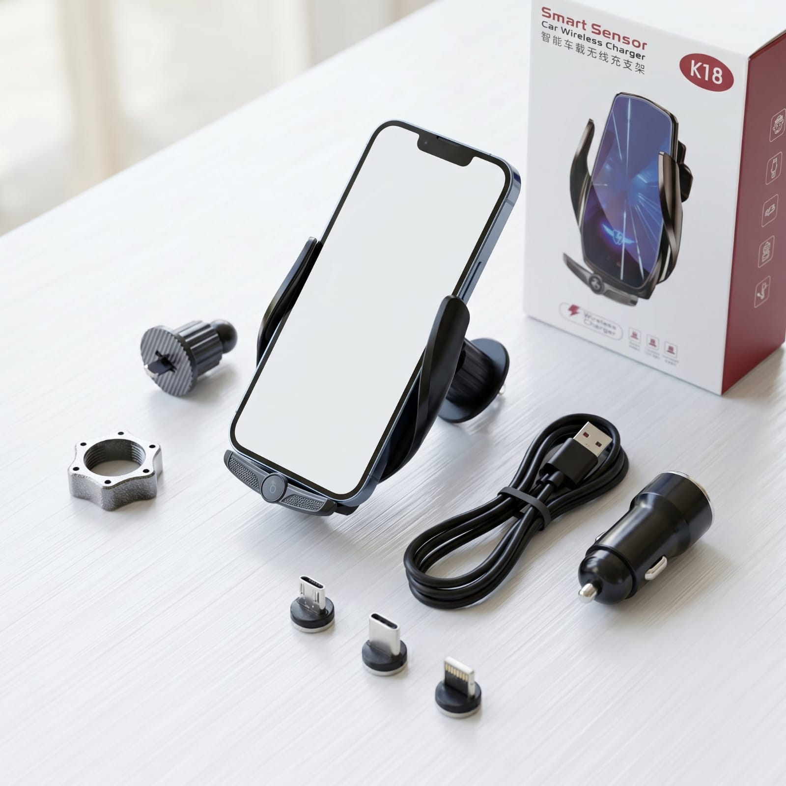 K18 Smart Sensor Wireless Car Charger – Auto-Clamping Fast Charging Phone Holder for Air Vent