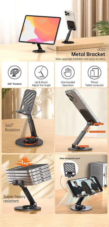 Foldable Metal Phone & Tablet Stand – 360° Rotating Adjustable Desktop Holder
