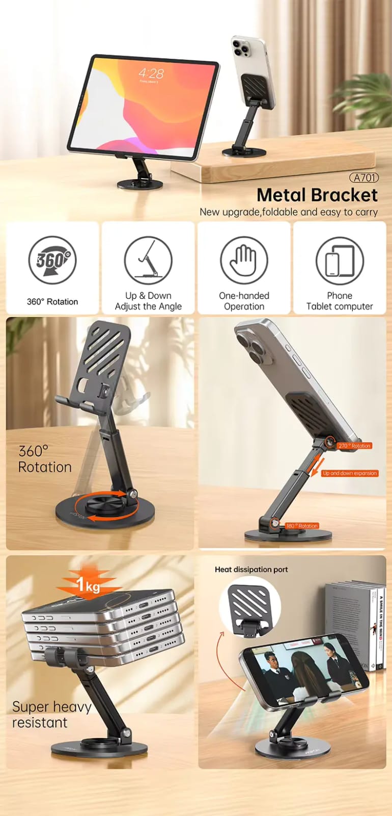 Foldable Metal Phone & Tablet Stand – 360° Rotating Adjustable Desktop Holder