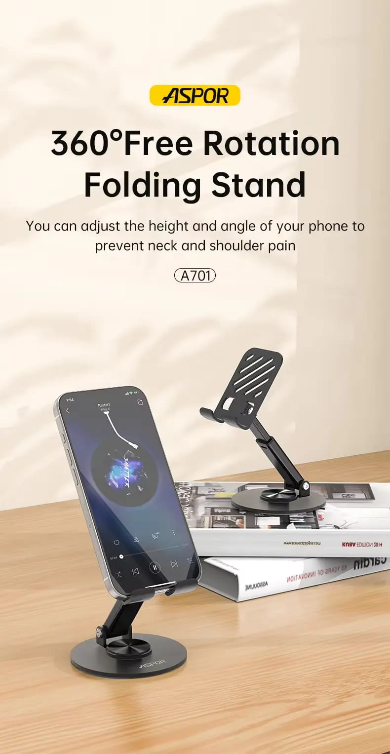 Foldable Metal Phone & Tablet Stand – 360° Rotating Adjustable Desktop Holder