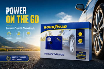Goodyear Mini Tire Inflator – Portable 12V Air Compressor with Pressure Gauge for Cars, Bikes & Motorcycles