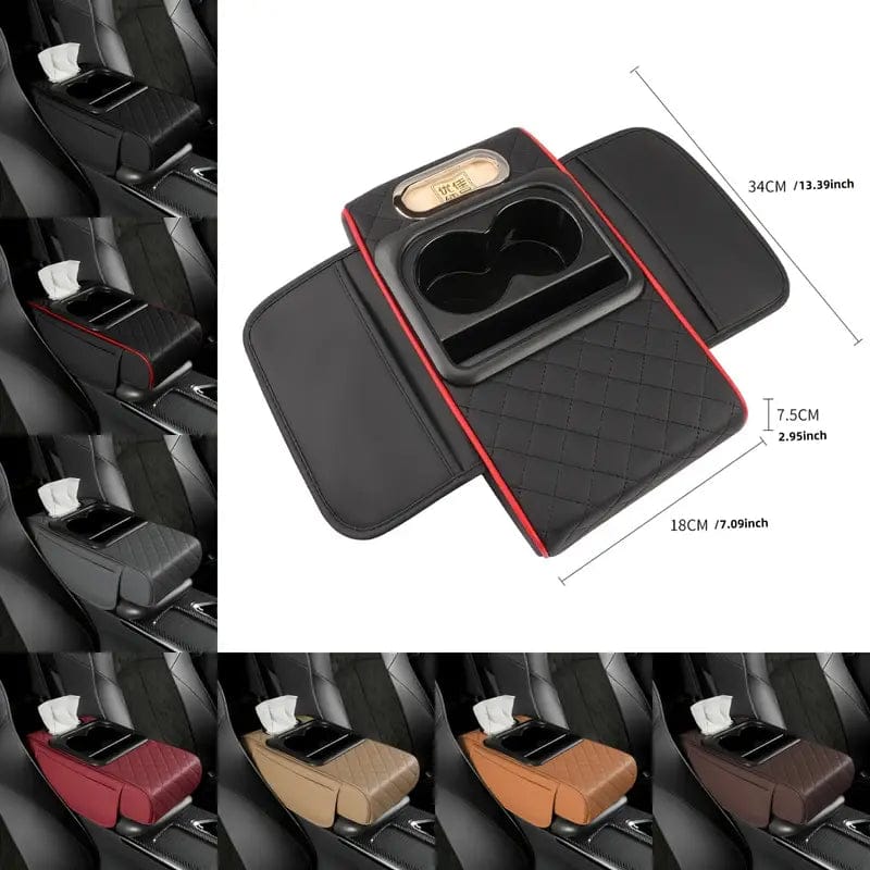 Universal Car Center Console Armrest Organizer – PU Leather Storage Box with Cup Holder & Tissue Holder