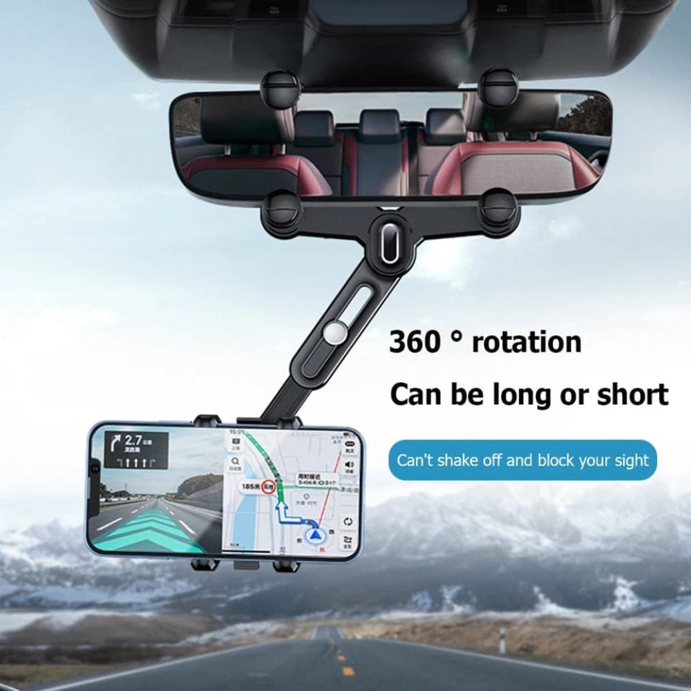 360° Rotating Car Rearview Mirror Phone Holder – Adjustable Universal Hands-Free Mobile Mount