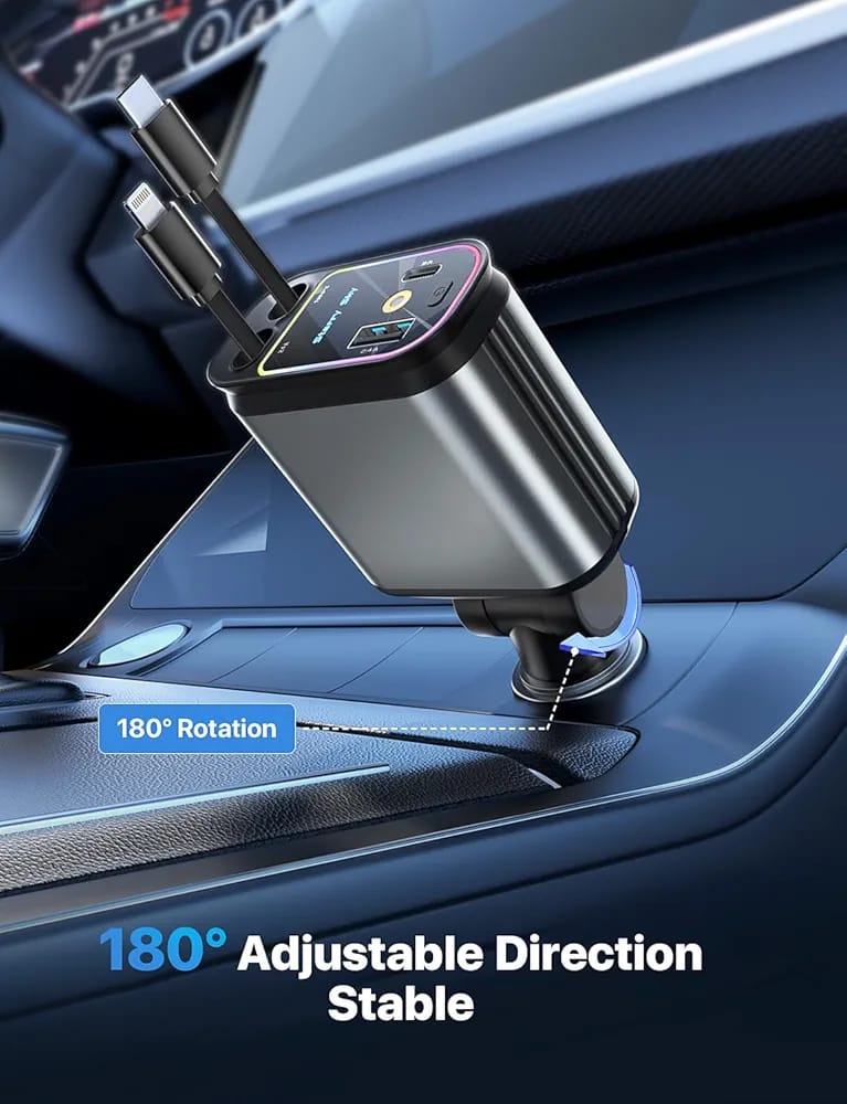 4-in-1 Retractable Fast Car Charger | 69W USB-C & Lightning Multi-Port Car Charging Adapter