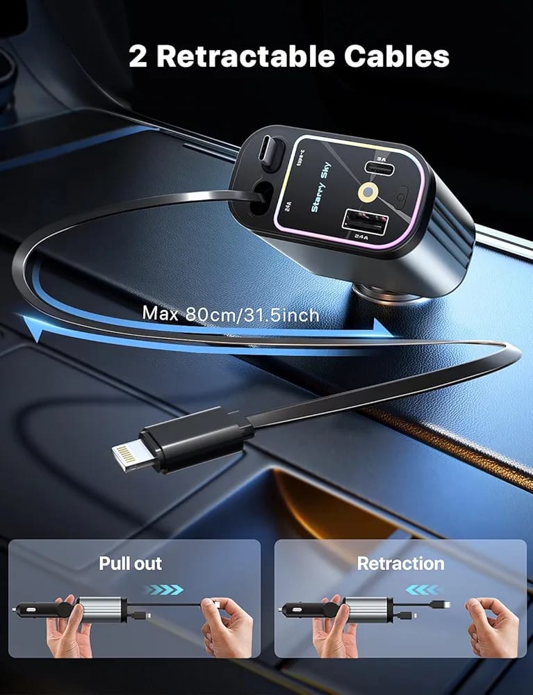 4-in-1 Retractable Fast Car Charger | 69W USB-C & Lightning Multi-Port Car Charging Adapter