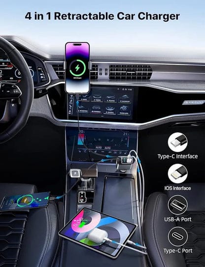 4-in-1 Retractable Fast Car Charger | 69W USB-C & Lightning Multi-Port Car Charging Adapter